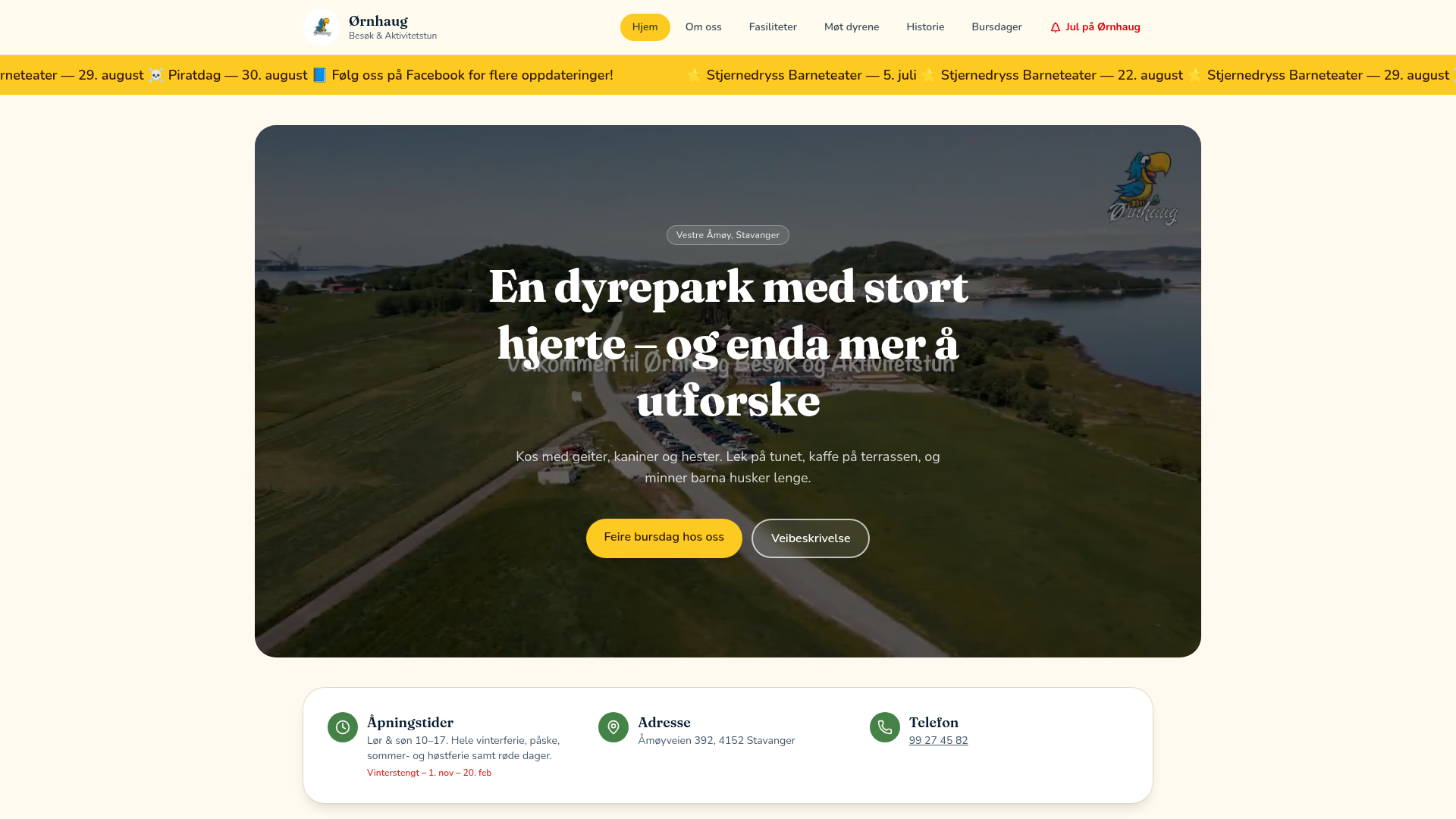 Skjermbilde av Ørnhaug Besøk & Aktivitetstun nettside